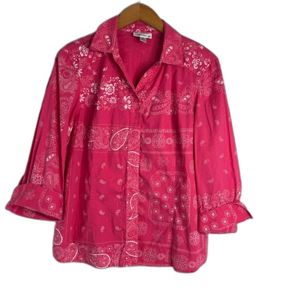 Coldwater Creek Pink Floral Print 3/4 Sleeve Handkerchief Button Front Top Sz PL - Picture 1 of 10
